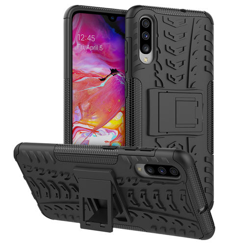 Dual Layer Rugged Tough Case & Stand for Samsung Galaxy A70 - Black